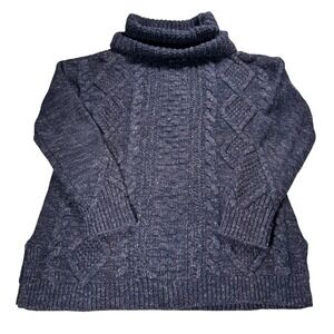 Lands End Navy Blue Speckled Cable Knit Turtleneck‎ Sweater Wool Women's 6-8 S/P